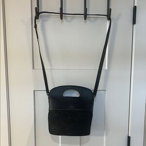 Banana Republic Leather Raffia Bucket Bag Black Top Handle Crossbody